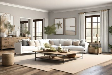 Fototapeta premium Immerse yourself in the warmth and charm of a farmhouse living room interior, adorned with a mockup frame that becomes the centrepiece of attention.AI generated