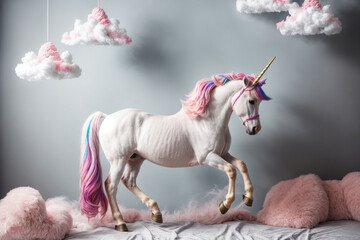 Fototapeta na wymiar Unicorn walking on clouds. Generative AI 