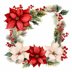 Christmas botanical wreathe floral border watercolor isolated illustration. AI generative