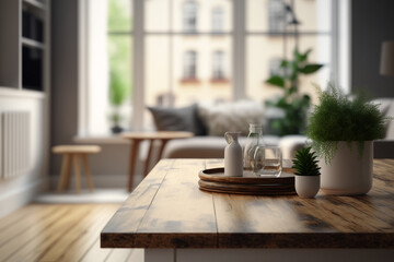 Wood table top on blurred livingroom background. Generative ai.