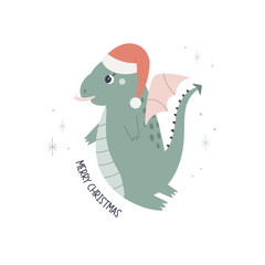 Christmas holiday illustration with adorable dragon in a santa hat