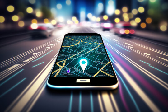 Smartphone with gps navigator icon and map on blur traffic road bokeh abstract background. Technology and transportation concept. Generative AI