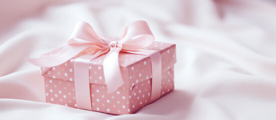 Pink polka dot gift  or present box on a pale pink background, decorated with a bow and ribbon,...