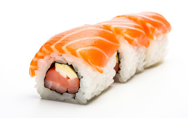 A set of fresh sushi rolls with salmon, avocado. Japanese sushi on white background