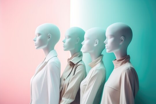 Stylish manikins on a pastel background. Showcase of clothing store. Style, fashion, shopping concept.