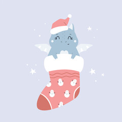 Christmas holiday illustration with adorable dragon in a santa hat sitting in a sock