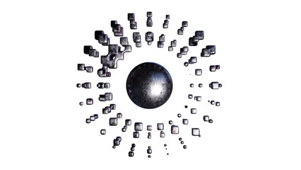  Shimmering Cubes in Circular Formation around a brushed metal sphere. 3D render on white background.