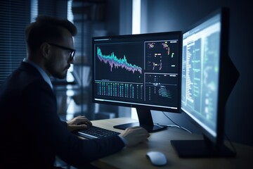 Fototapeta premium person businessman monitoring with two screens