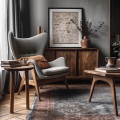 Interior design of scandinavian living room with frames with Wing chair near rustic wooden coffee table generative ai