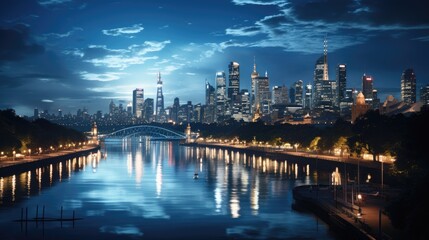 Fototapeta premium A city skyline with a group of illuminated skyscrapers at night.