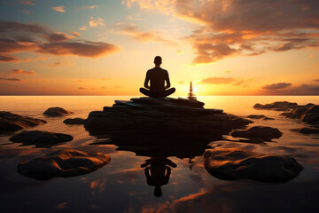 Man in the lotus position at sunset. Generative AI