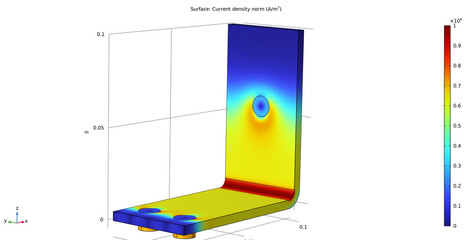 Investigation of the current density distribution on the surface
of the metal bracket.
Computer 3d modeling of parameters of a steel mechanical part
using a computer-aided design system.