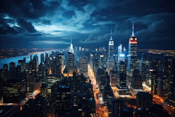 Fototapeta premium A city skyline with a group of illuminated skyscrapers at night.