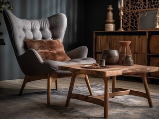 Interior design of scandinavian living room with frames with Wing chair near rustic wooden coffee table generative ai