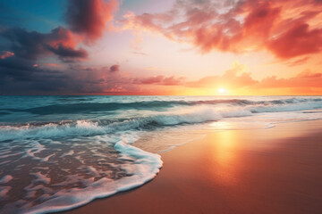 Sunset in the waves of the sea on the beach. Generative AI