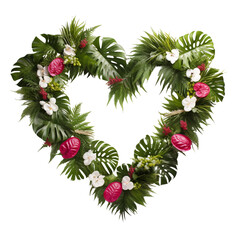 Naklejka premium Romantic wedding wreath in the shape of a heart with tropical flowers and plants on a white background. Wedding decor features lush greenery and vibrant flowers symbolizing love and natural beauty.