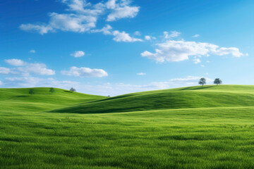 Obraz premium Beautiful green field with cloudy sky. Generative AI