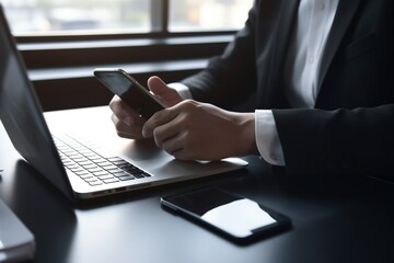 businessman using laptop holding smartphone