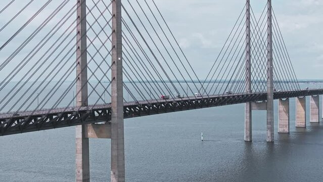Panoramic aerial close up view of Oresund bridge over the Baltic sea between Malmo city in Sweden and Copenhagen in Denmark.