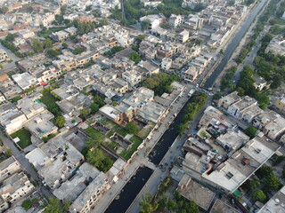 Non edited original high angle view of residential area with drone of cantt Lahore, Pakistan.