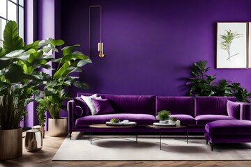 Step into a captivating living room where a purple wall sets the stage for a visually stunning atmosphere. AI generated