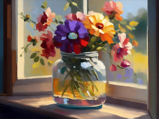 Still life with a bouquet of flowers on the windowsill. Impressionism style oil painting. Generative AI.