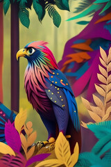 A colorful eagle in a jungle, kirigami 