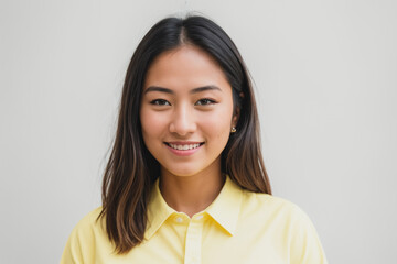 Fototapeta premium Woman wearing white shirt, smiling, on yellow background. Generative AI