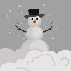 Snowman with a black hat isolated in a white-gray background. Flat design. Vector illustration.  in Christmas Landscape.