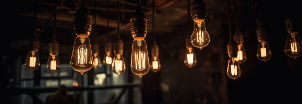 Cozy orange tungsten light bulbs with vintage design decorating a dark interior