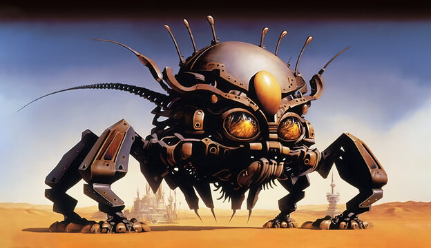 Mechanical, metallic alien creature with big orange eyes in the desert, on dark blue sky background. Menacing robotic spider-like being from a machine civilization.