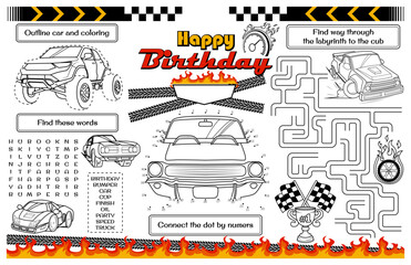 Festive placemat for children. Print out a car-themed "Happy Birthday" sheet for boys with a maze, word search, and coloring page. 17x11 inch printable vector file