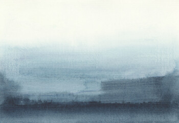 Ink watercolor smoke flow stain blot on wet paper texture background.. Blue color abstract landscape.