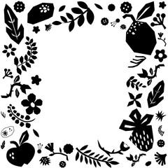 Black and white frame with summer flowers, leaves and fruits. Floral design elements.