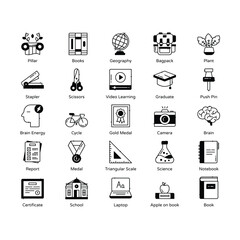 School and Education icons set, school icons, education icons, online education, e-learning, back to school, book, pencil, collage, university, academy, home education, school elements, 