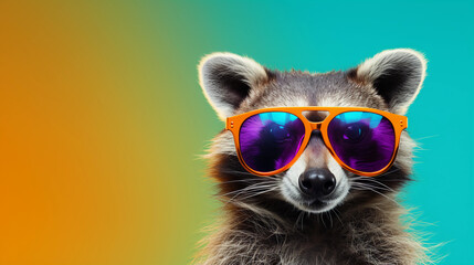 Funny and colorful Raccoon with sunglasses and a colorful and bright background. Summer vacation concept. generative ai