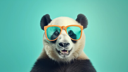 Fototapeta premium Funny and colorful Panda bear with sunglasses and a colorful and bright background. Summer vacation concept. generative ai