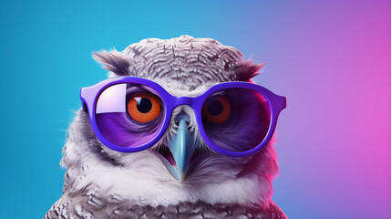 Funny and colorful Owl with sunglasses and a colorful and bright background. Summer vacation concept. generative ai