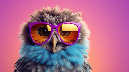 Fototapeta premium Funny and colorful Owl with sunglasses and a colorful and bright background. Summer vacation concept. generative ai