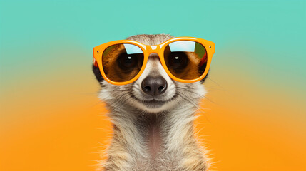 Funny and colorful Meerkat with sunglasses and a colorful and bright background. Summer vacation concept. generative ai