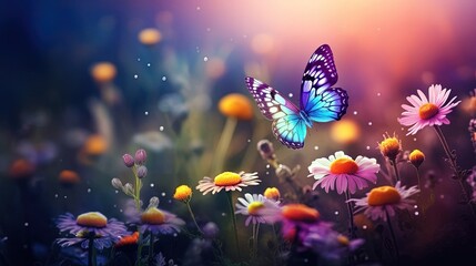 Fototapeta na wymiar Butterfly flying over beautiful wildflowers. Created with Generative Ai technology.