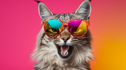 Funny and colorful Lynx with sunglasses and a colorful and bright background. Summer vacation concept. generative ai