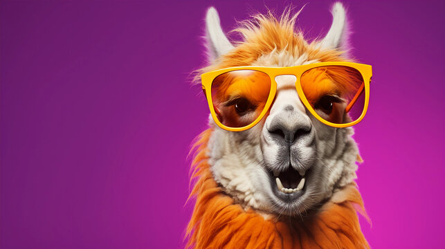 Funny and colorful Llama with sunglasses and a colorful and bright background. Summer vacation concept. generative ai