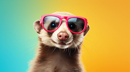 Funny and colorful Ferret with sunglasses and a colorful and bright background. Summer vacation concept. generative ai