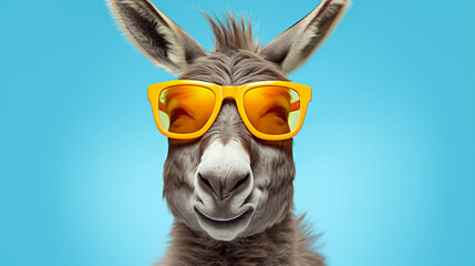 Funny and colorful Donkey foal with sunglasses and a colorful and bright background. Summer vacation concept. generative ai