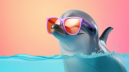 Funny and colorful Dolphin with sunglasses and a colorful and bright background. Summer vacation concept. generative ai