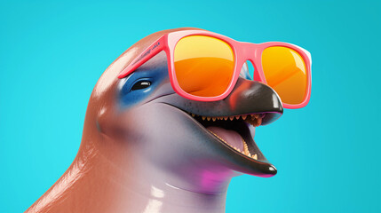 Funny and colorful Dolphin with sunglasses and a colorful and bright background. Summer vacation concept. generative ai