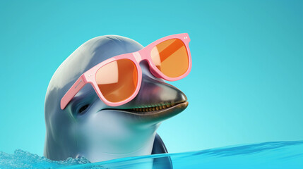 Funny and colorful Dolphin with sunglasses and a colorful and bright background. Summer vacation concept. generative ai