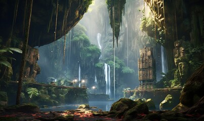  a scene of a jungle with a waterfall and a waterfall.  generative ai