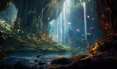  a painting of a forest with a waterfall in the middle.  generative ai